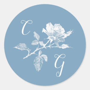 Dusty Blue Rose Line Art Monogram Wedding Classic Round Sticker