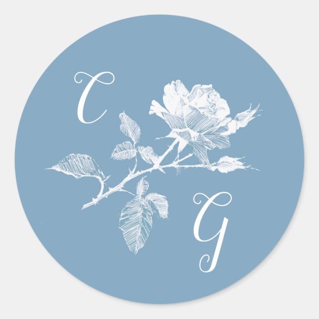 Dusty Blue Rose Line Art Monogram Wedding Classic Round Sticker (Front)