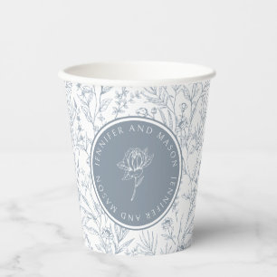 Dusty blue rose monogram wedding paper cups