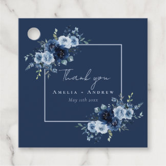 Dusty Blue Rose Navy Floral Elegant Wedding Favour Tags