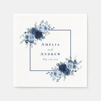 Dusty Blue Rose Navy Floral Elegant Wedding Napkin