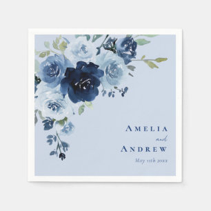 Dusty Blue Rose Navy Floral Elegant Wedding Napkin