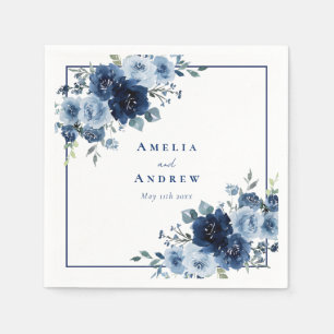 Dusty Blue Rose Navy Floral Elegant Wedding Napkin