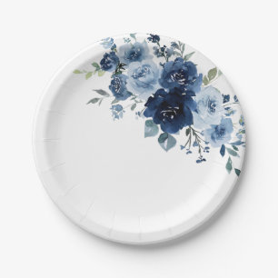 Dusty Blue Rose Navy Floral Elegant Wedding Paper Plate
