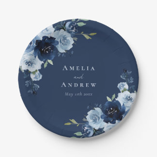 Dusty Blue Rose Navy Floral Elegant Wedding Paper Plate