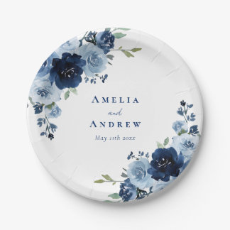 Dusty Blue Rose Navy Floral Elegant Wedding Paper Plate