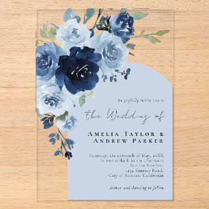 Dusty Blue Rose Navy Floral QR Code Wedding Acrylic Invitations