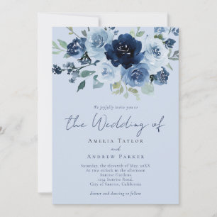 Dusty Blue Rose Navy Floral QR Code Wedding Invitation