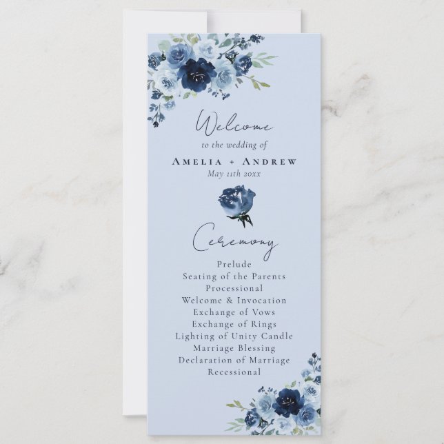 Dusty Blue Rose Navy Floral Wedding Program (Front)
