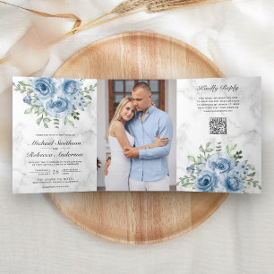 Dusty Blue Rose Photo White Marble QR Code Wedding Tri-Fold Invitation