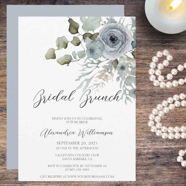 Dusty Blue Rose Watercolor Bridal Shower Brunch  Invitation (Creator Uploaded)