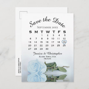 Dusty Blue Rose Wedding Calendar Save the Date Announcement Postcard