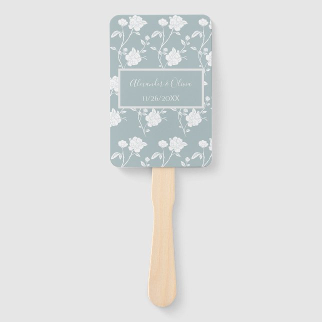Dusty Blue Rose Wedding Favour Hand Fan (Front)