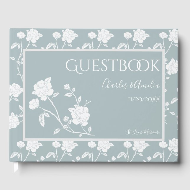Dusty Blue Rose Wedding Guest Book (Front)