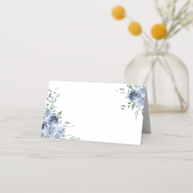 Dusty Blue Rose Wedding Place Card (Front)