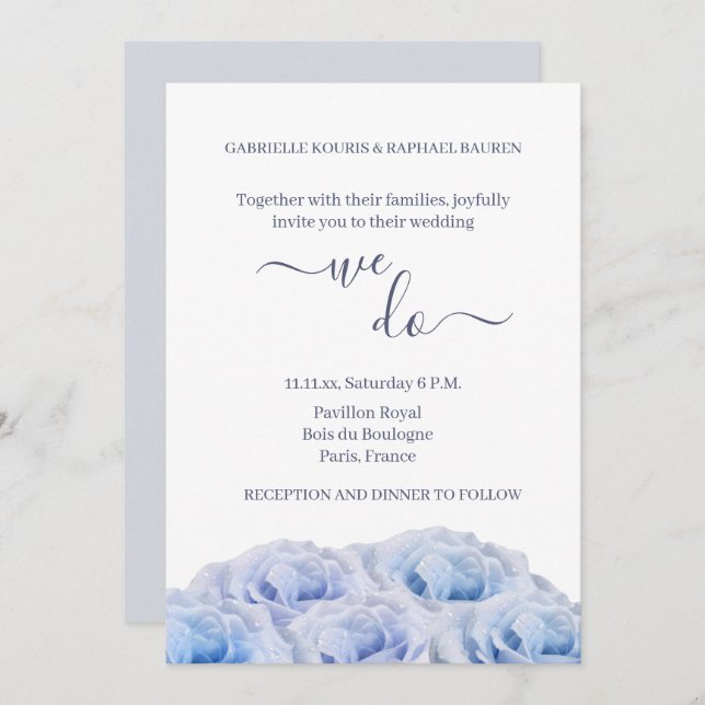 Dusty Blue Rose White Floral Elegant We Do Wedding Invitation (Front/Back)