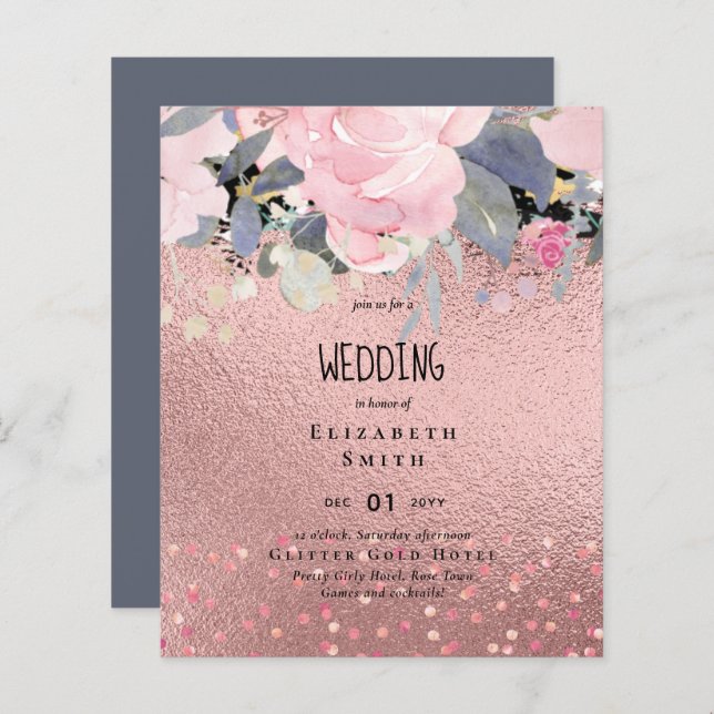 Dusty Blue Rosegold Floral Wedding Invite (Front/Back)