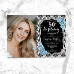 Dusty Blue Roses Black Damask Photo 50th Birthday Invitation<br><div class="desc">Elegant floral feminine 50th birthday invitation with your photo. Glam black white light dusty blue design with faux glitter silver. Features black and white damask pattern, blue roses, script font and confetti. Perfect for a stylish adult bday celebration party. Personalise with your own details. Can be customised for any age!...</div>