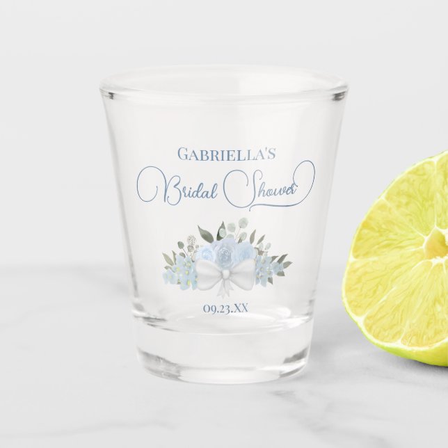 Dusty Blue Roses Bouquet Elegant Bridal Shower Shot Glass (Front)