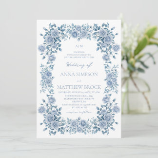 Dusty Blue Roses Elegant Floral Wedding  Invitation