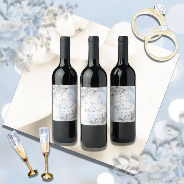 Dusty Blue Roses Floral Persoonalized Wedding  Wine Label (Creator Uploaded)