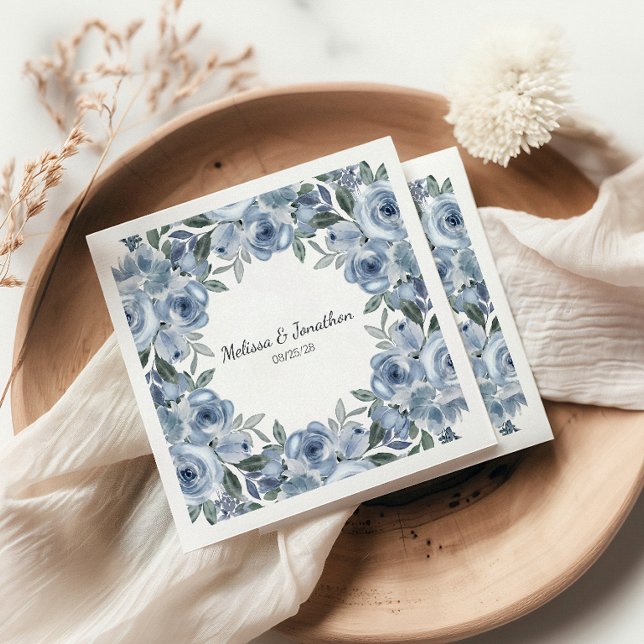 Dusty Blue Roses Flowers Boho Romantic Wedding Napkin (Creator Uploaded)