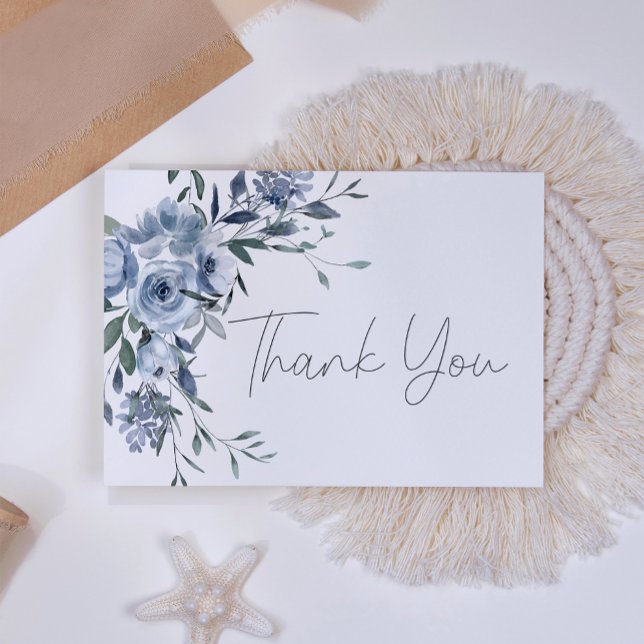 Dusty Blue Roses Flowers Script Wedding Thank You Card (Creator Uploaded)