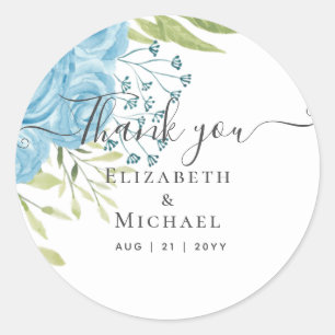 Dusty Blue Roses Lime Leaves Wedding Budget Classic Round Sticker