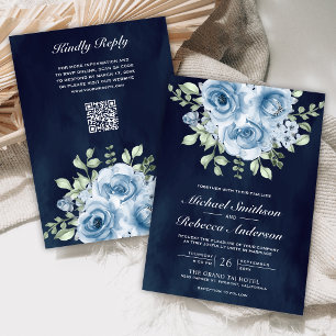Dusty Blue Roses Navy QR Code Wedding Invitation