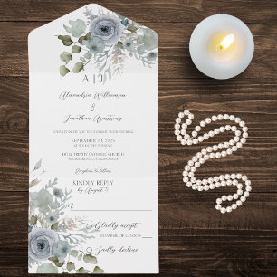 Dusty Blue Roses on White  All In One Invitation