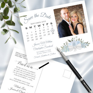 Dusty Blue Roses Photo & Calendar Save the Date Announcement Postcard