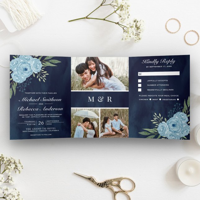 Dusty Blue Roses Photo Collage Navy Blue Wedding Tri-Fold Invitation (Creator Uploaded)