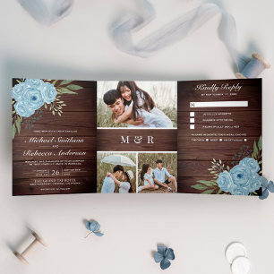Dusty Blue Roses Photo Collage Rustic Wood Wedding Tri-Fold Invitation