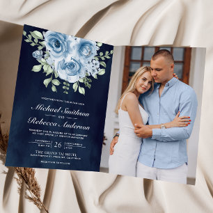 Dusty Blue Roses Photo Navy Photo QR Code Wedding Invitation