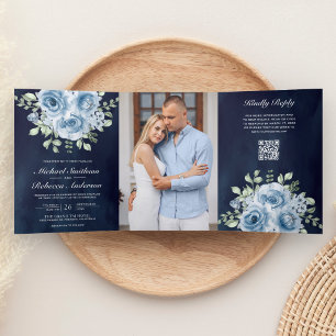 Dusty Blue Roses Photo Navy Photo QR Code Wedding Tri-Fold Invitation