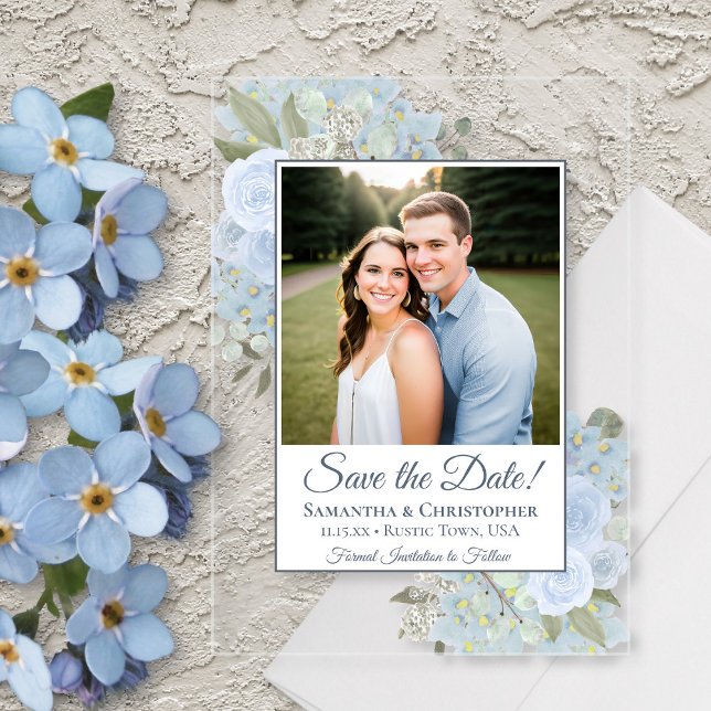 Dusty Blue Roses & Photo Wedding Save the Date Acrylic Invitations (Clear Acrylic with Rectangle Cut)