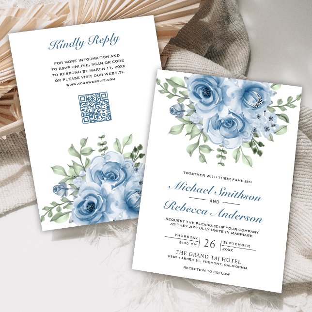 Dusty Blue Roses QR Code Wedding Invitation (Creator Uploaded)