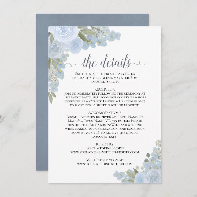 Dusty Blue Roses Rustic Boho Chic Wedding Details Enclosure Card (Front/Back)