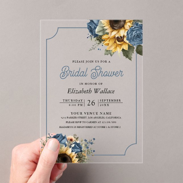 Dusty Blue Roses Sunflowers Photo Bridal Shower Acrylic Invitations