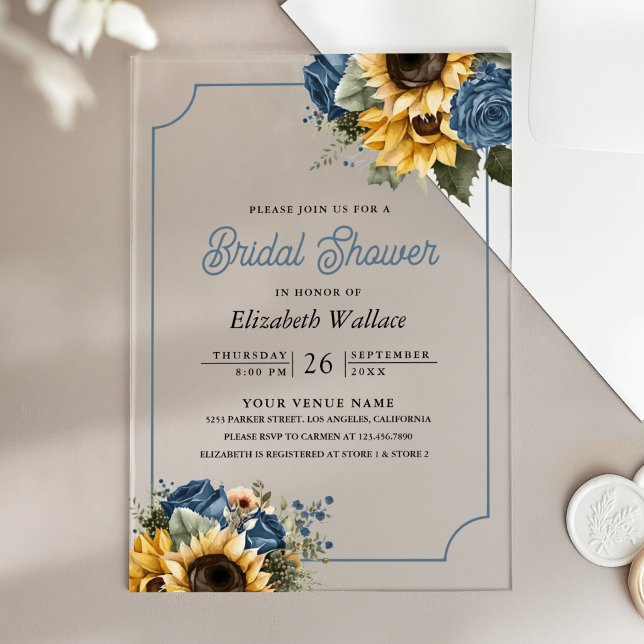 Dusty Blue Roses Sunflowers Photo Bridal Shower Acrylic Invitations (Creator Uploaded)