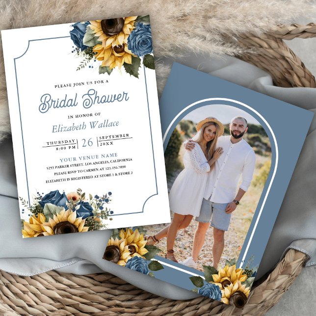 Dusty Blue Roses Sunflowers Photo Bridal Shower Invitation (Creator Uploaded)