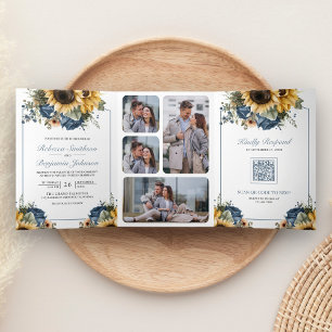 Dusty Blue Roses Sunflowers Photo QR Code Wedding Tri-Fold Invitation