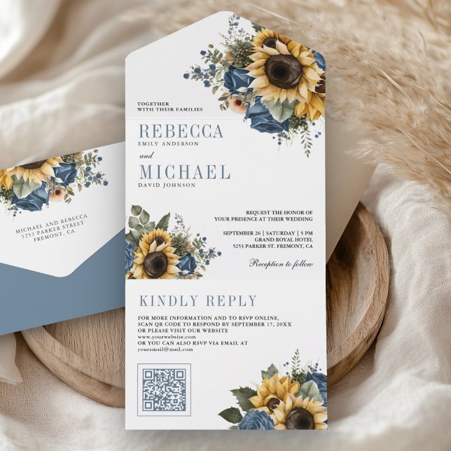 Dusty Blue Roses Sunflowers QR Code Wedding All In One Invitation (Creator Uploaded)
