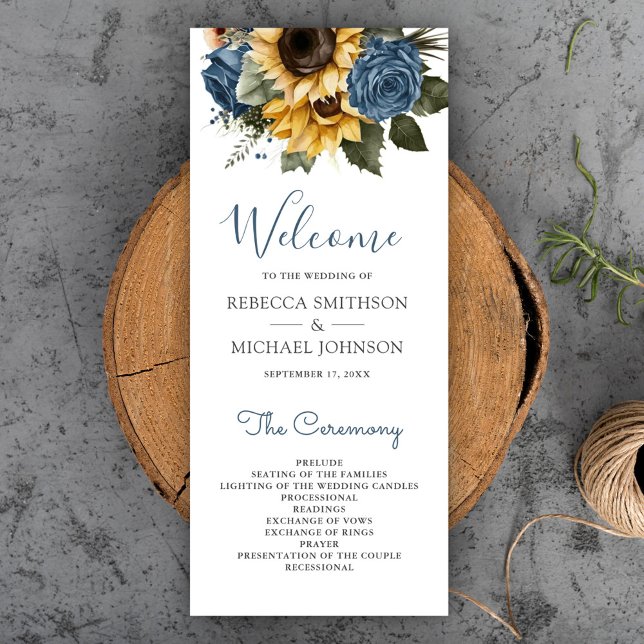 Dusty Blue Roses Sunflowers Wedding Programme (Creator Uploaded)