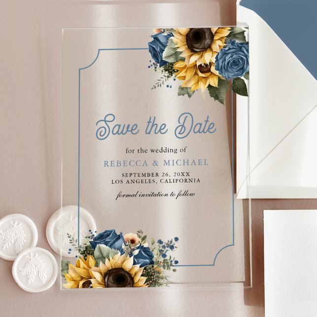Dusty Blue Roses Sunflowers Wedding Save the Date Acrylic Invitations (Creator Uploaded)