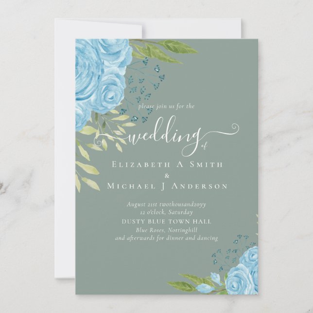 Dusty Blue Roses Wedding Budget Invitation (Front)