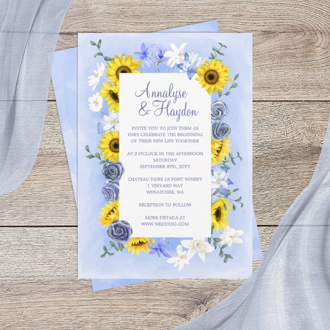 Dusty Blue Roses, Yellow Sunflowers Wedding Invitation (sunflowers and dusty blue rose wedding invitations, yellow gold sunflowers wedding theme)
