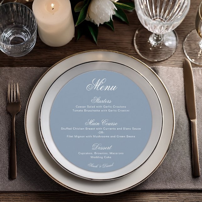 Dusty Blue Round Simple Calligraphy Wedding Menu (Creator Uploaded)
