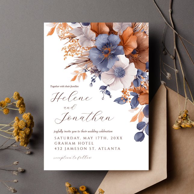 Dusty Blue Rust Watercolor Floral Elegant Wedding Invitation (Dusty Blue Rust Watercolor Floral Elegant Wedding Invitation)