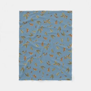 Dusty Blue Rustic Brown Leaves Fleece Blanket